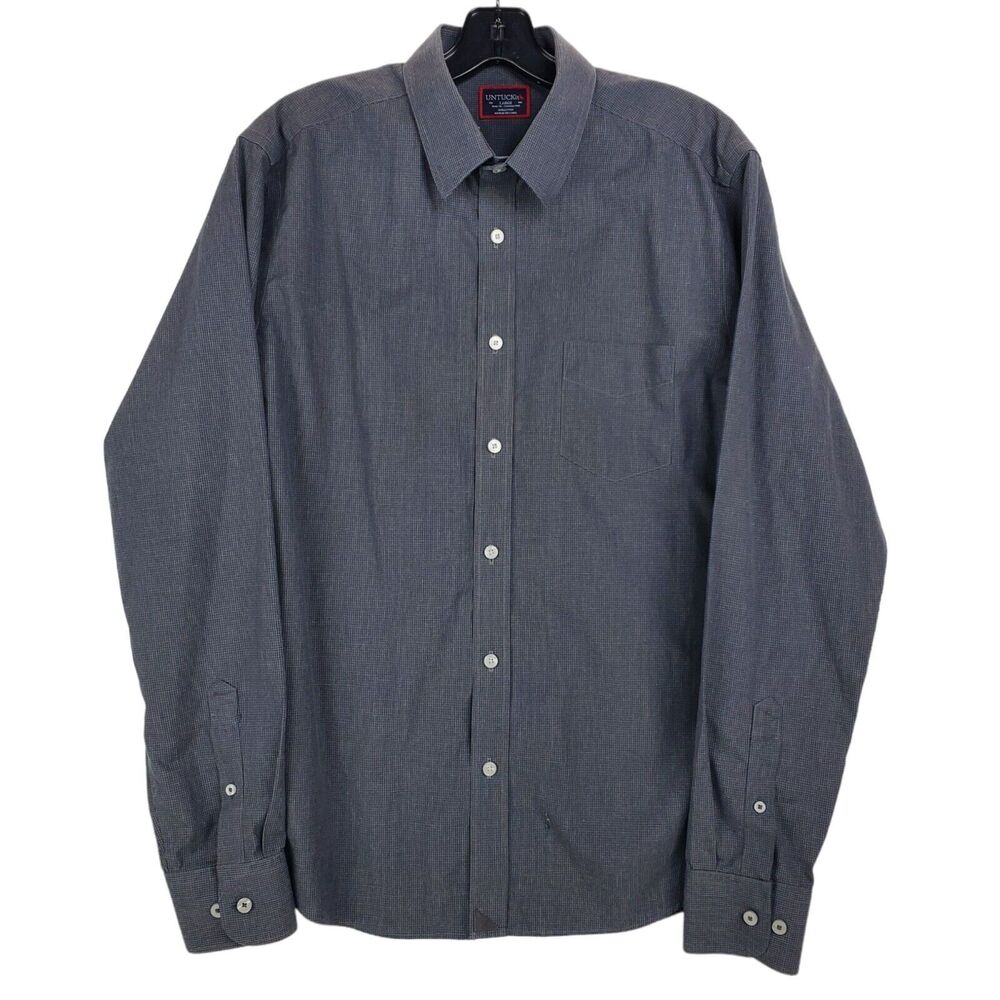 UNTUCKIT Shirt Mens Large Gray Pin Check Plaid Slim Fit Casual Button Down Metro
